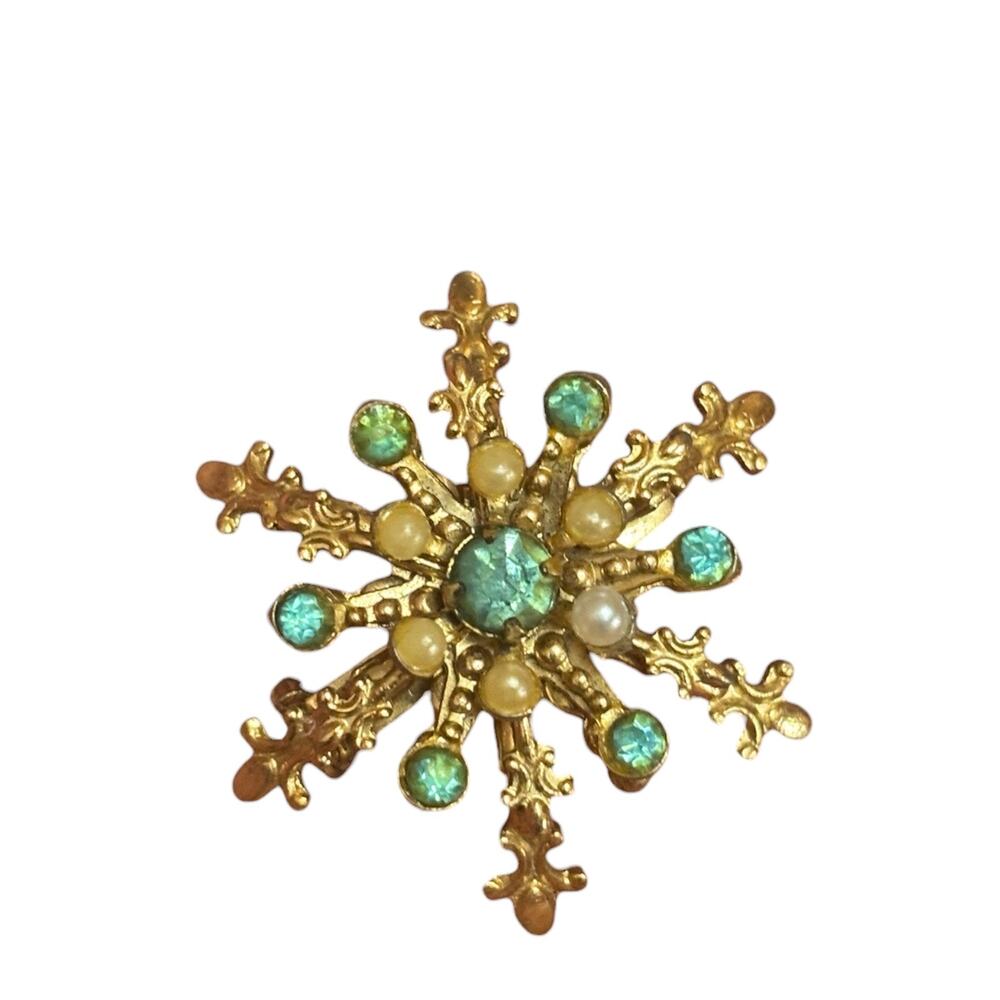 Vintage Starburst Brooch Blue Rhinestone Pearl Gold Tone Mid Century Restored